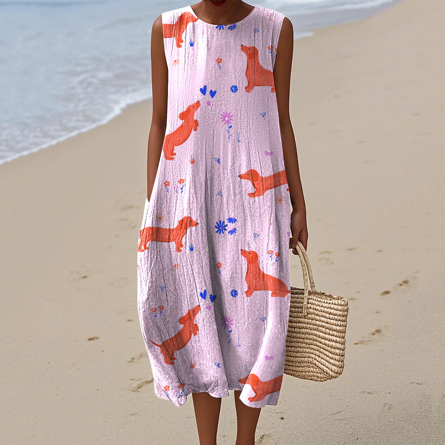 Women's Cute Dachshund Flowers Art Print Dress artswardrobe