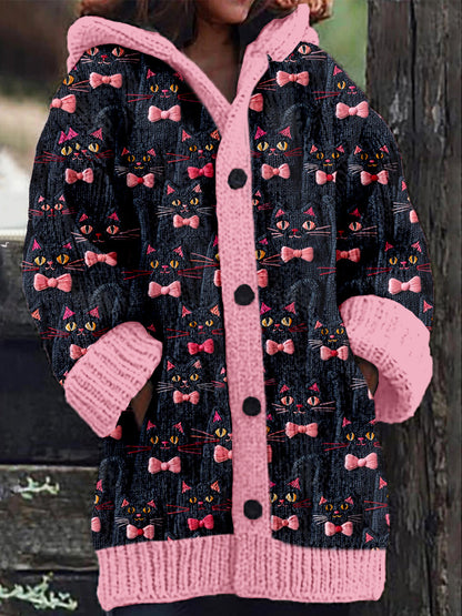 Black Cat With Pink Coquette Bow Knitted Cozy Cardigan elevenforest