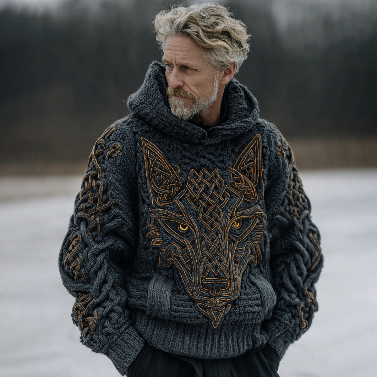 Men's Viking Wolf Head Totem Alan Thick Hooded Sweater artswardrobe