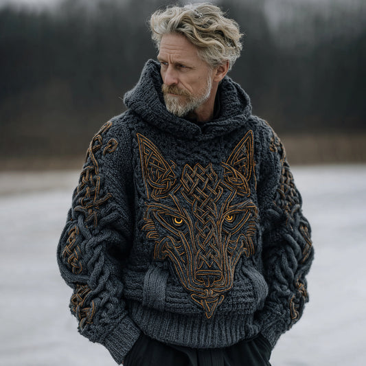 Men's Viking Wolf Head Totem Alan Thick Hooded Sweater artswardrobe