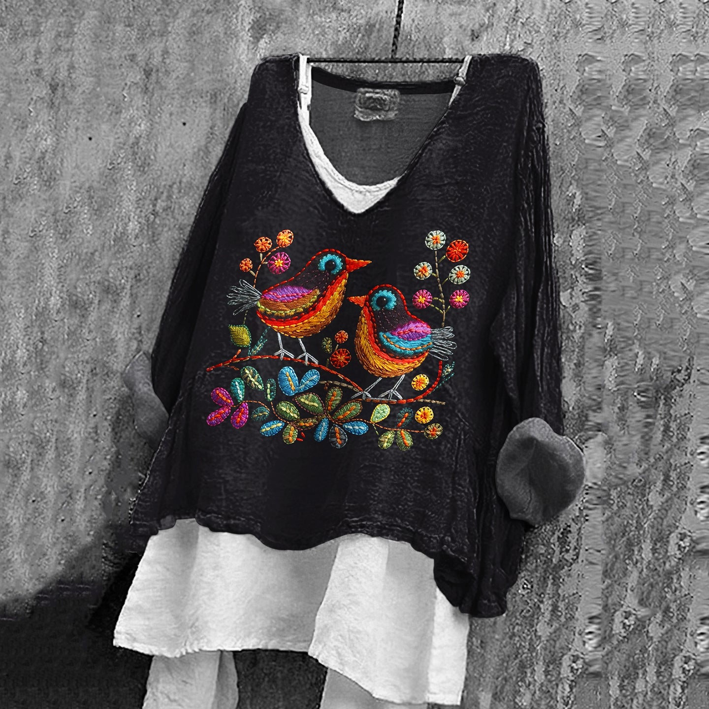 Comstylish Women's Vintage Birds And Floral Embroidery Pattern Comfortable Shirt