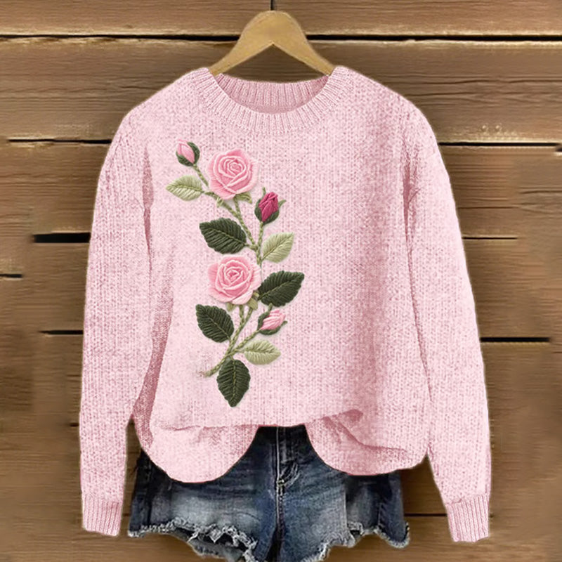 Women's Pink Floral & Ribbon Embroidered Knit Print Sweater artswardrobe