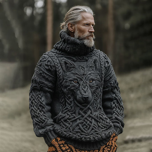 Men's Vintage Viking Wolf Pattern Knit Turtleneck Pullover Sweater artswardrobe