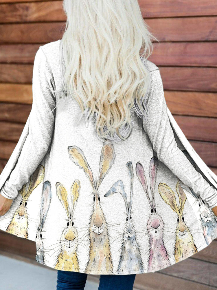 Watercolor Bunny Print Casual Cozy Cardigan artswardrobe