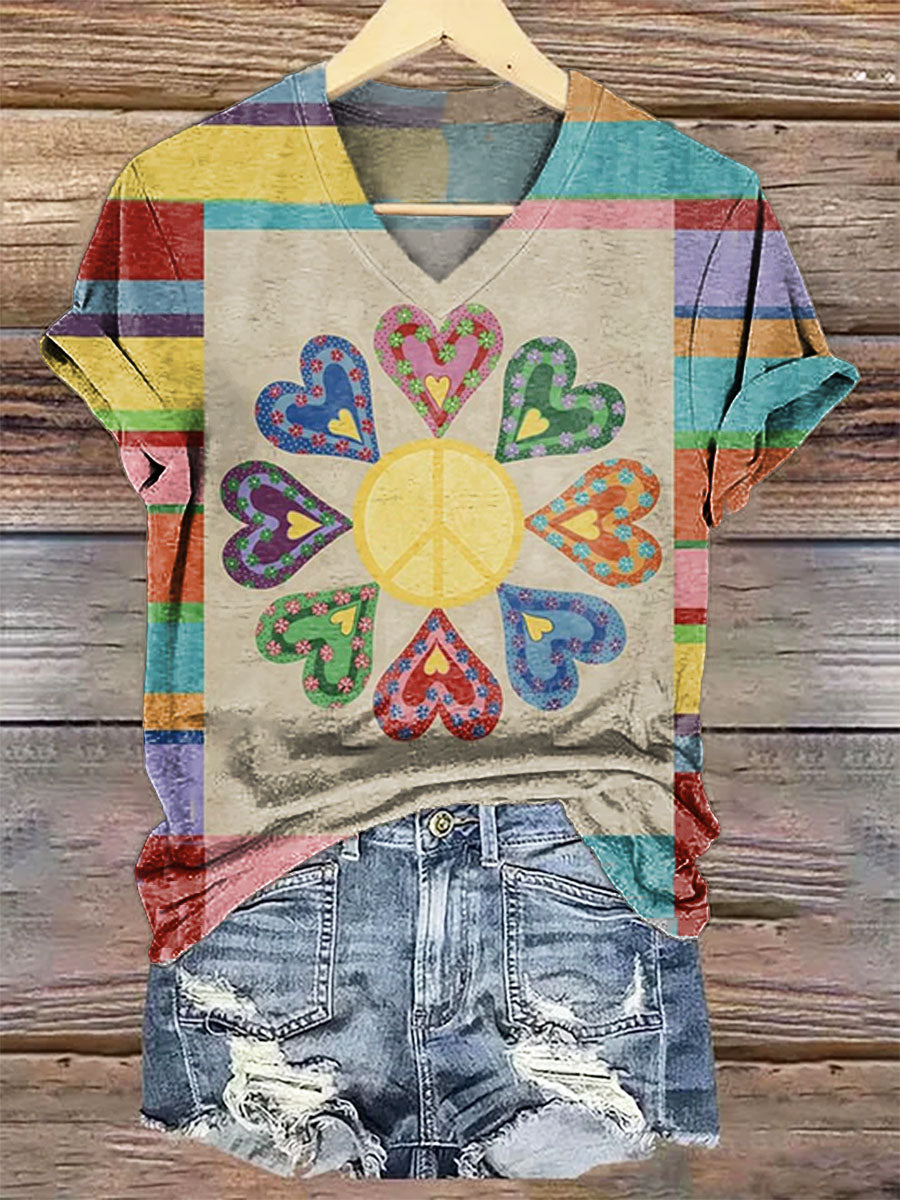 Women's Love Hippy Art Print V-Neck T-Shirt