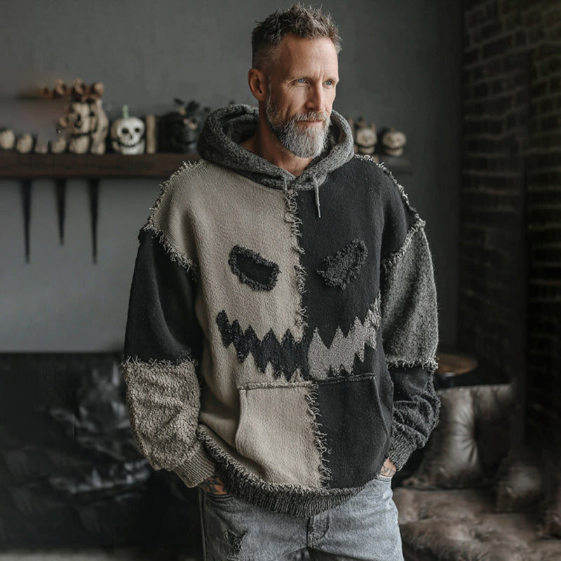 Men's Halloween Spooky Face Colorblock Stitched Hooded Cozy Knit Sweater artswardrobe