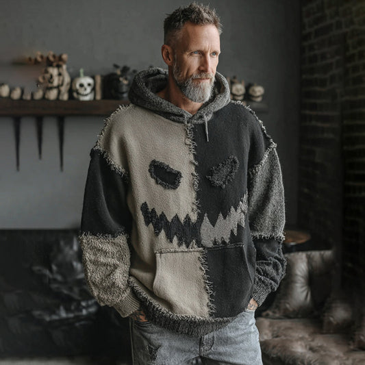Men's Halloween Spooky Face Colorblock Stitched Hooded Cozy Knit Sweater artswardrobe
