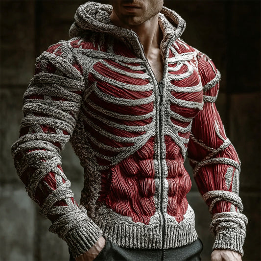 Halloween Bloody Skeleton Bandage Art Men's Knit Hooded Zip-up Sweater artswardrobe