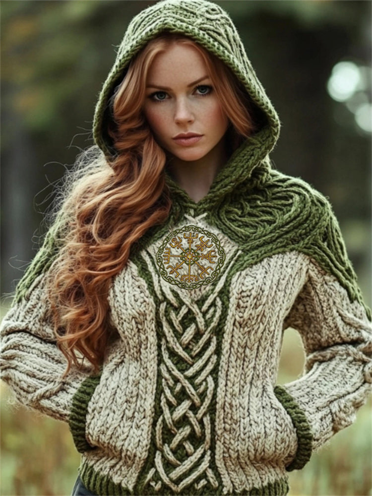 Viking Vegvisir Embroidered Celtic Contrast Cozy Hooded Sweater artswardrobe