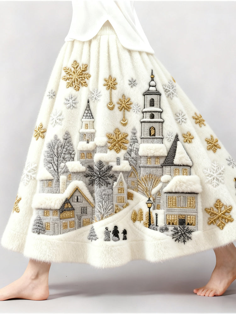 Christmas Snow Scene Embroidered Women's Soft Plush Skirt