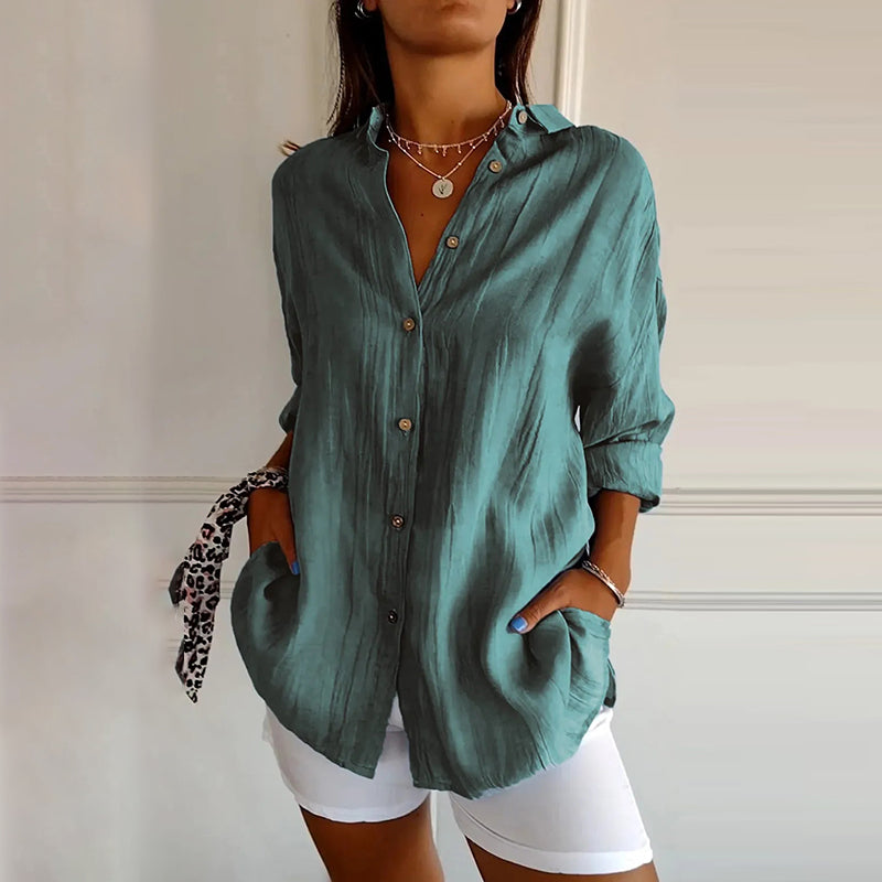 Comstylish Casual Single Breasted Pleated Lapel Solid Color Cotton Linen Shirt