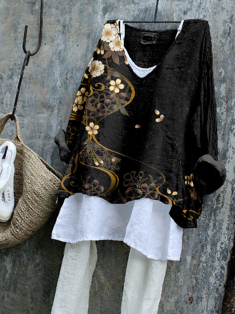 Comstylish Japanese Cherry Blossoms Art Linen Blend Tunic