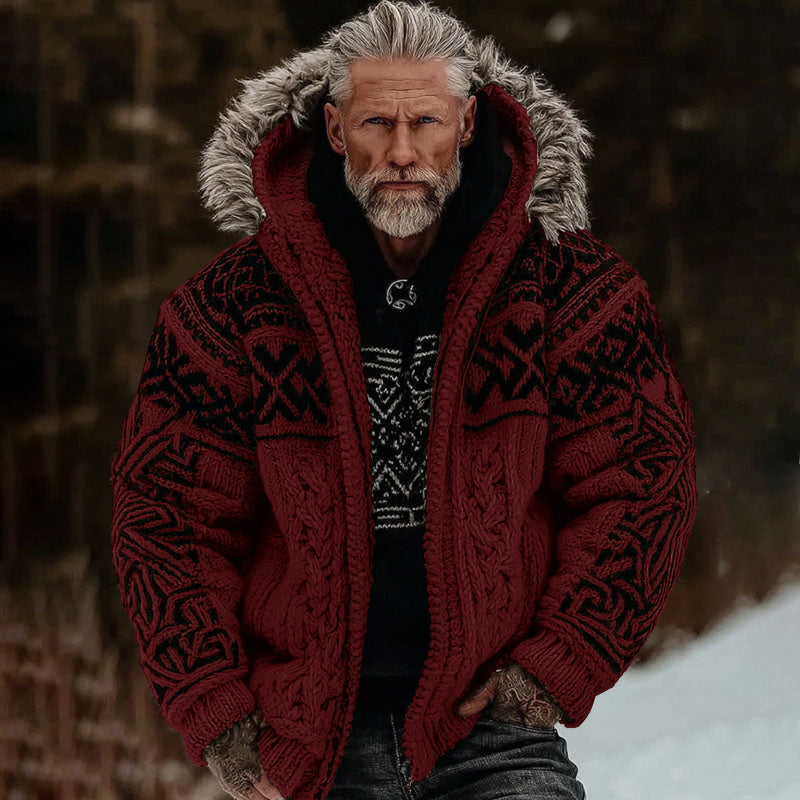 Men's Viking Celtic Art Cozy Fur Collar Knit Hooded Sweater Jacket artswardrobe