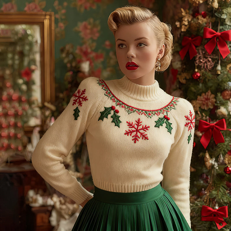 Comstylish Women's Vintage Holly Leaves Christmas Knit Crew Neck Sweater