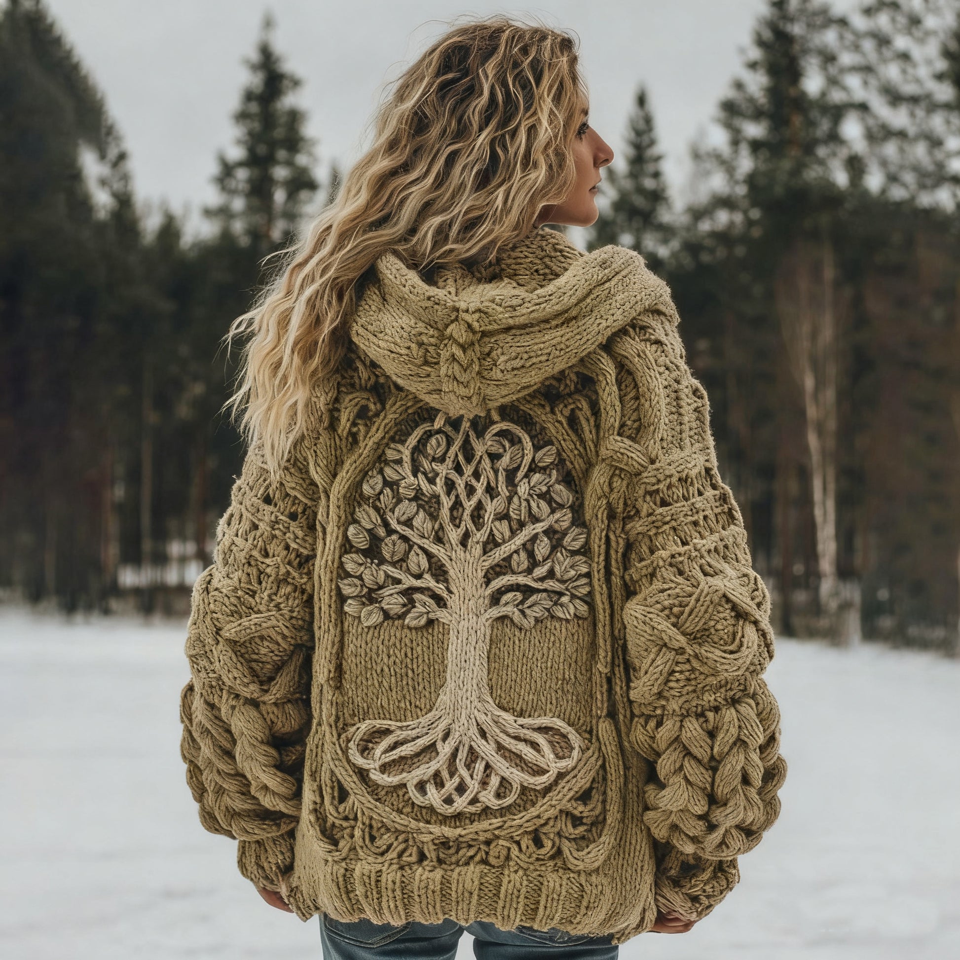Women's Vintage Viking Tree Of Life Cozy Knit Hooded Sweater artswardrobe