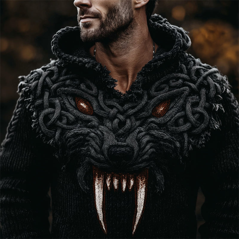 Men's Spooky Wolf With Bloody Fangs Celtic Chunky Hooded Sweater artswardrobe