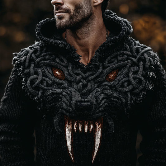 Men's Spooky Wolf With Bloody Fangs Celtic Chunky Hooded Sweater artswardrobe