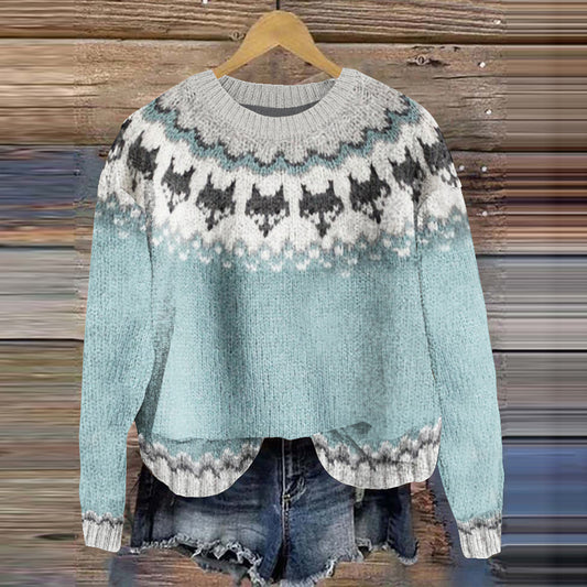 Cozy Fox Ice Graphic Knitted Crew Neck Sweater elevenforest