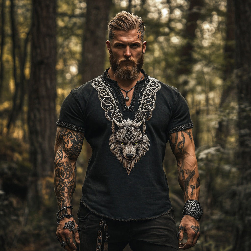 Men's Viking Wolf Celtic Knot Art Linen Blend Shirt artswardrobe