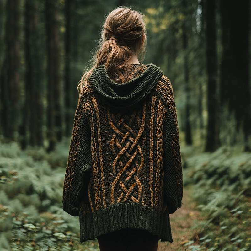 Women's Vintage Irish Celtic Knot Jacquard Mottled Cozy Knit Hooded Cardigan elevenforest
