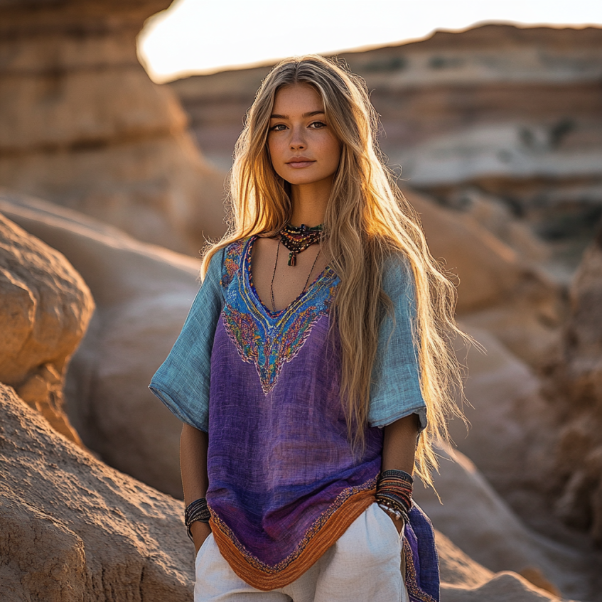 Comstylish Vintage Bohemian Ethnic Floral Linen Art Print Short Sleeve V-neck Shirt