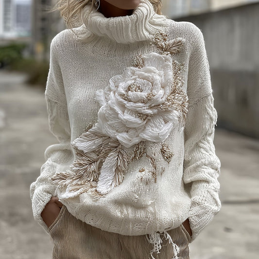 Women's Vintage White Rose Pattern Chunky Knit Warm Turtleneck Sweater elevenforest