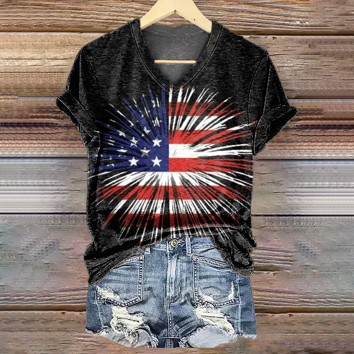 Women's Pentagram Art Print V-Neck Casual T-Shirt