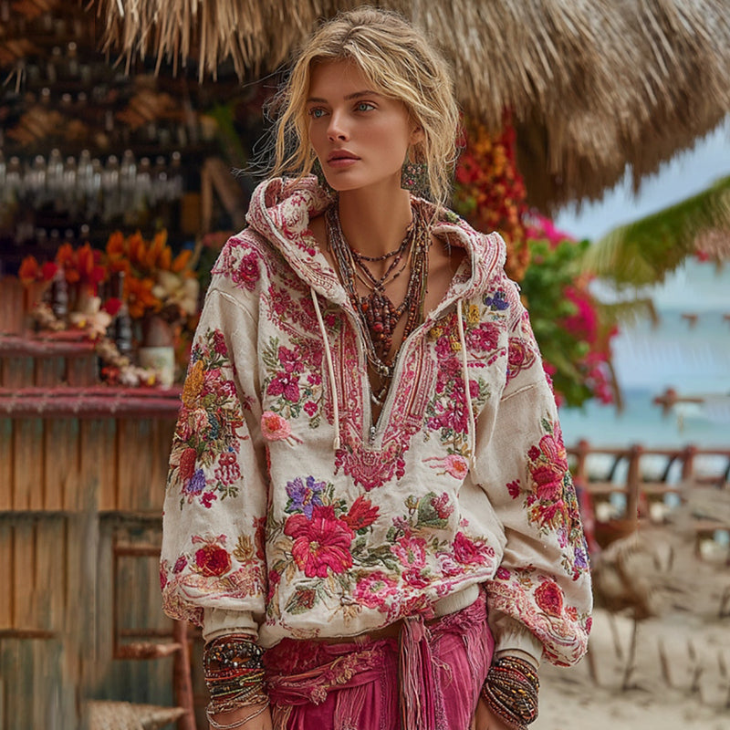 Comstylish Women's Bohemian Floral Embroidery Art Casual Hoodie