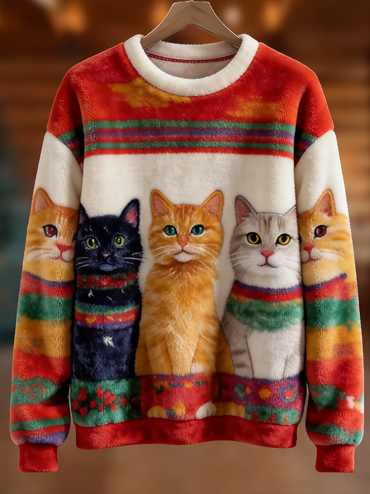 Comstylish Retro Rainbow Cat Lady Round Neck Flannel Sweatshirt