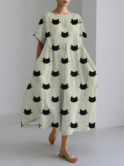 Black Cat Japanese Art Linen Blend Maxi Dress elevenforest