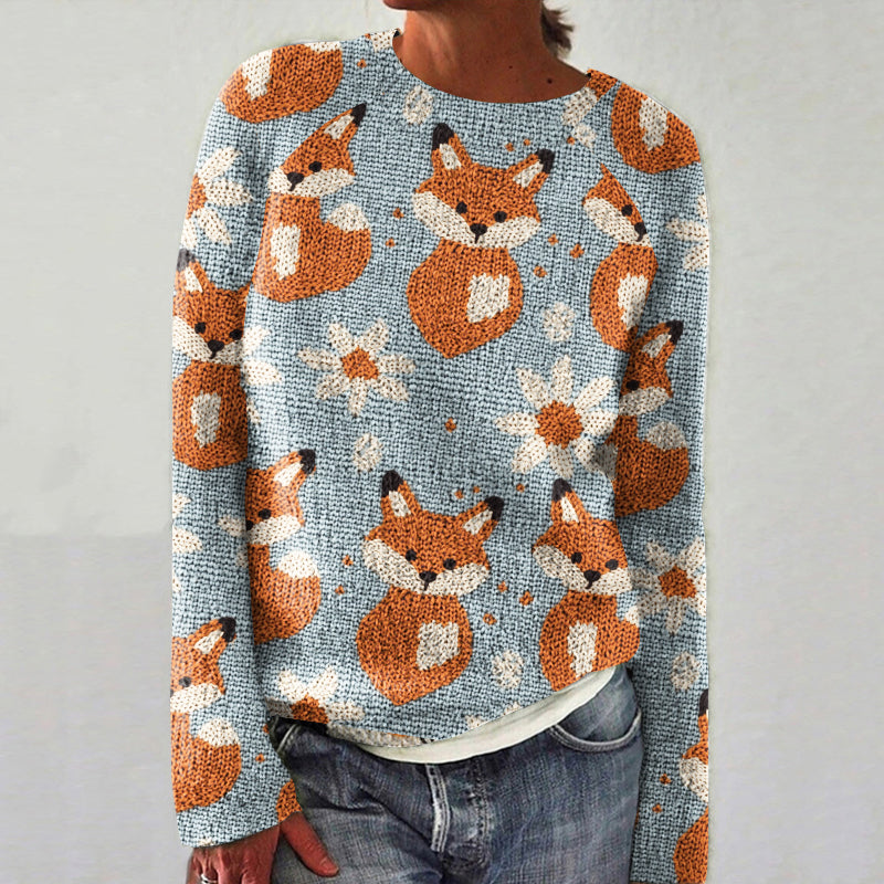 Colorful Fox Print Women's Crew Neck Sweater artswardrobe