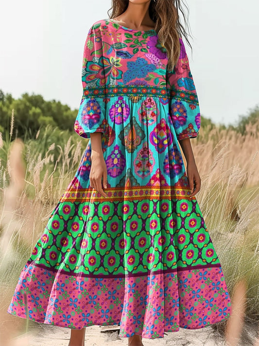 Women's Bohemian Ethnic Floral Collage Art Print Crew Neck Pocket Cott