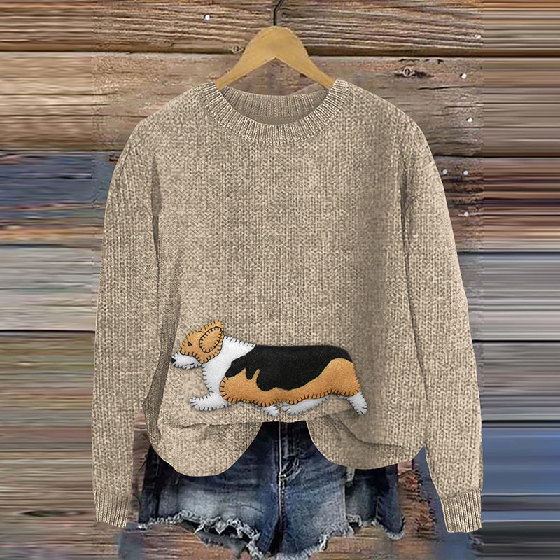 Comstylish Corgi Patch Embroidery Dog Art Cozy Sweater