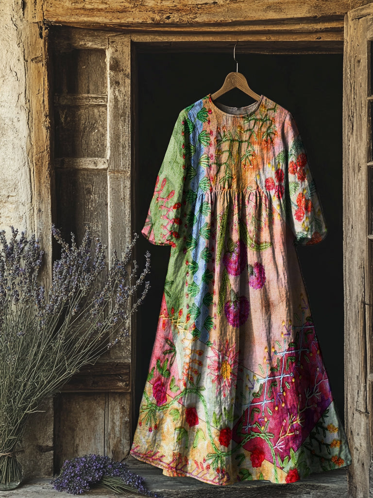 Women's Bohemian Floral Art Print Flowy Cotton Crew Neck Dress