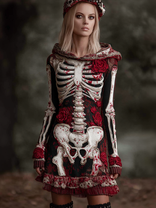 Halloween Blood Rose Women's Knit Hooded Sweater Dress artswardrobe