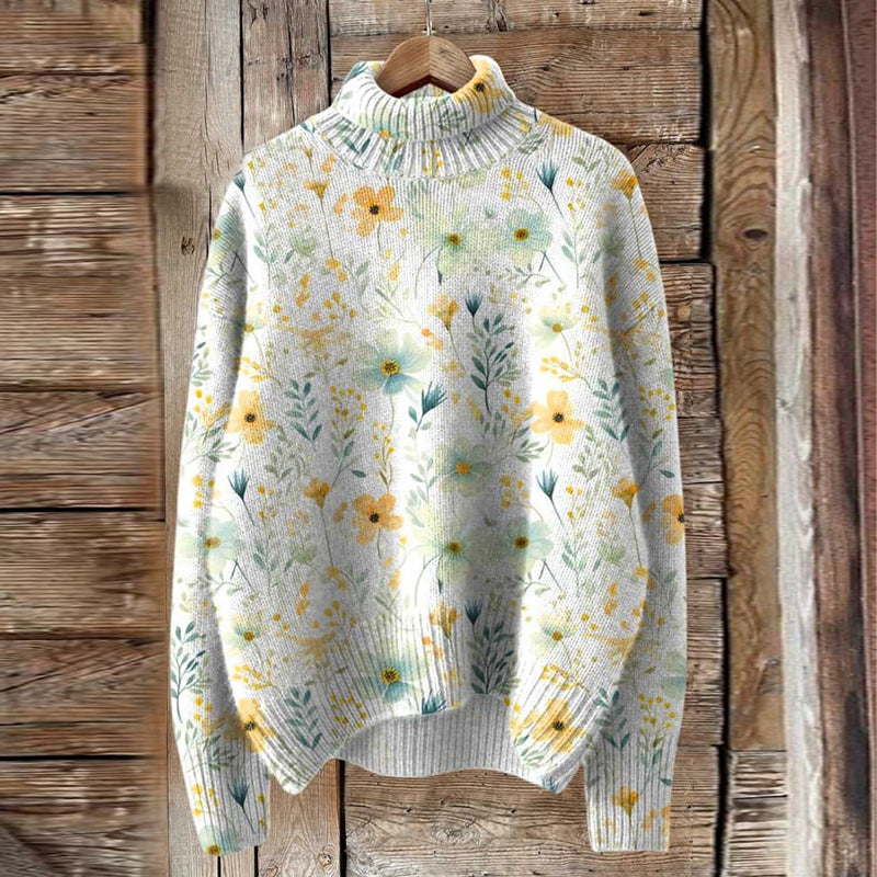 Vintage Meadows Floral Knit Turtleneck Pullover Sweater elevenforest