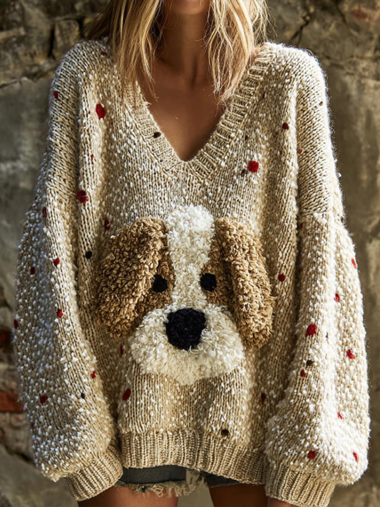 Lady Retro Cute Dog Plush Comfortable Knitted Sweater. elevenforest
