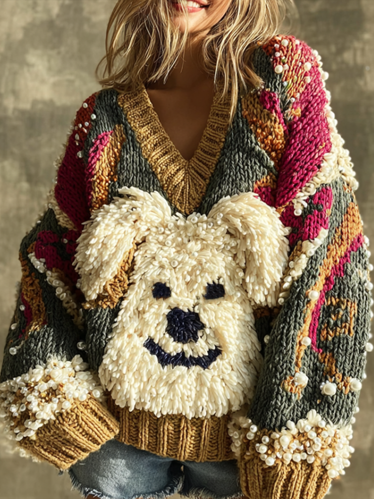 Lady Retro Cute Dog Plush Comfortable Knitted Sweater. artswardrobe