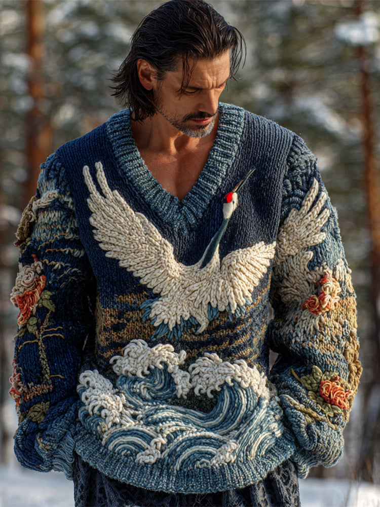 Japanese Crane & Ocean Men's Chunky Knit V-neck Sweater elevenforest