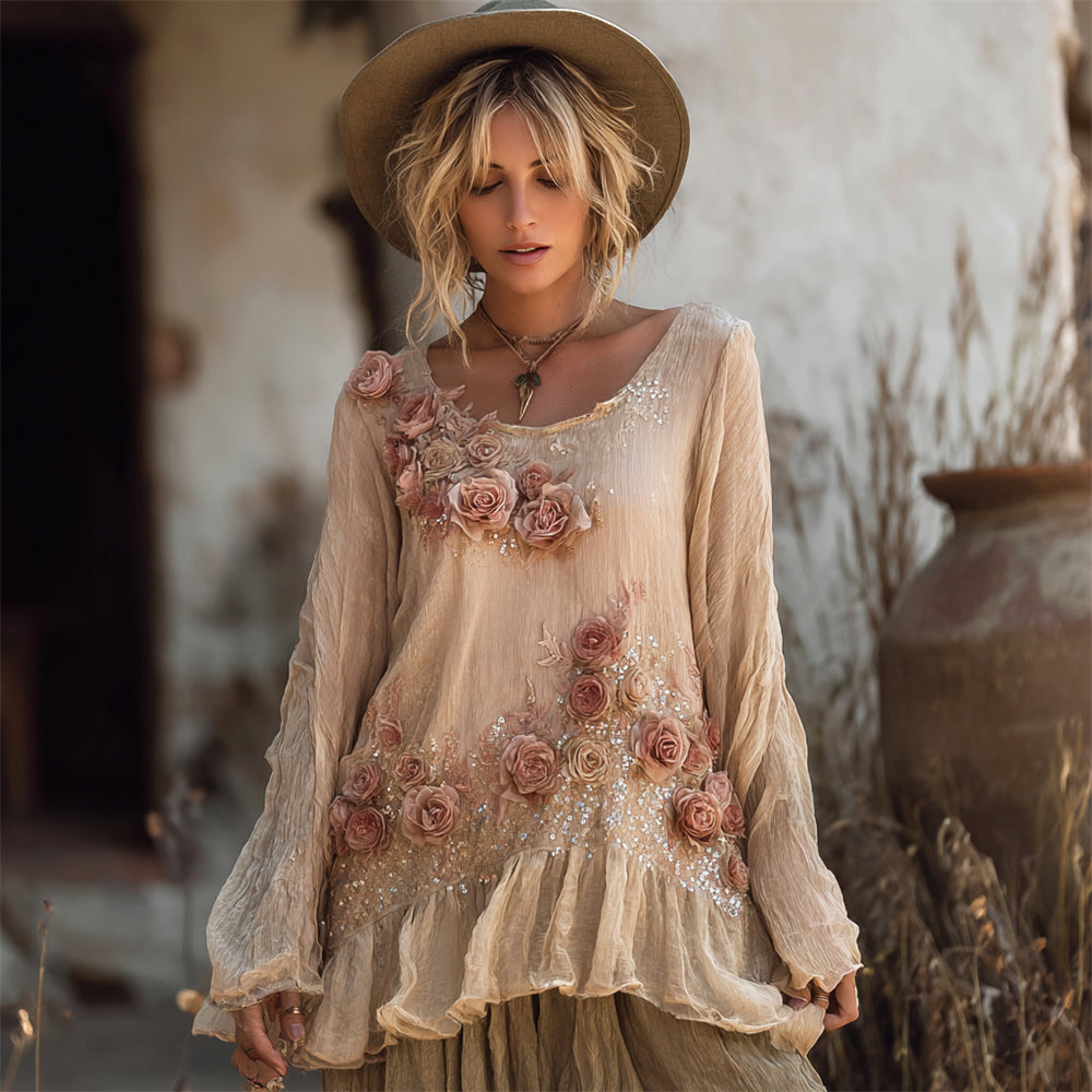 Comstylish Vintage Dusty Rose Boho Art Women's Linen Loose Top