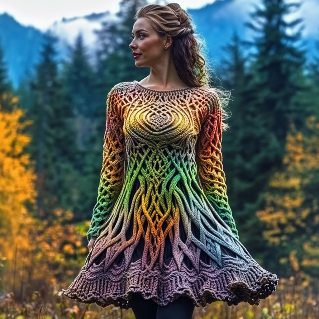 Women's Irish Celtic Knot Color Gradient Jacquard Knitted Sweater Dress artswardrobe