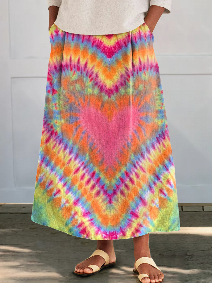 Women's Heart Tie-dye Print Cotton and Linen Pocket Skirt