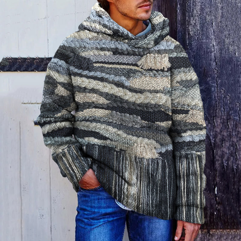 Men'S Vintage Knit Drawstring Tassel Jacquard Hooded Sweater elevenforest