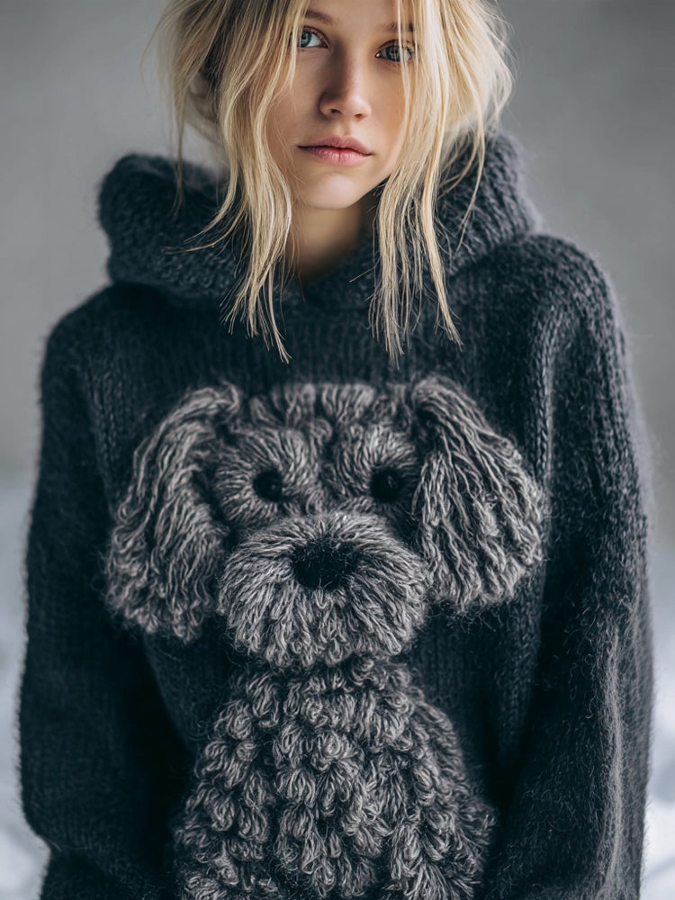 Lovely Fuzzy Dog Embroidered Cozy Hooded Sweater artswardrobe