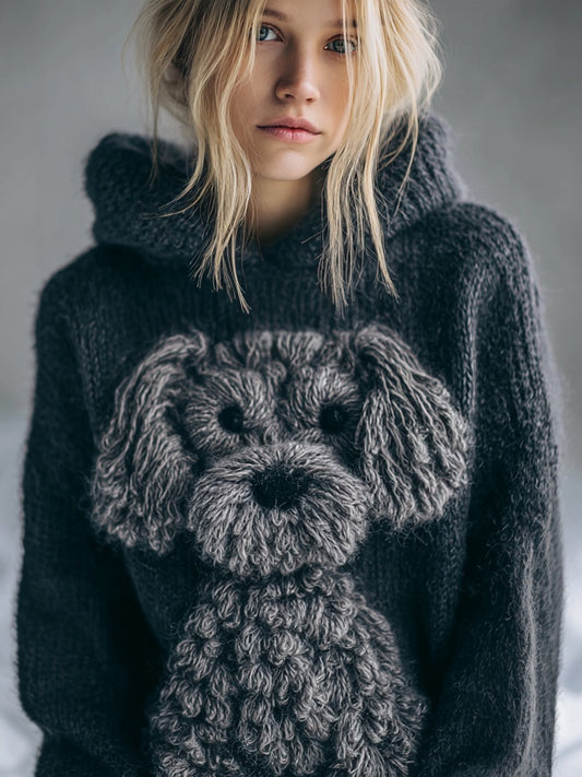 Lovely Fuzzy Dog Embroidered Cozy Hooded Sweater artswardrobe