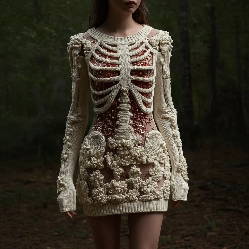 Women's Halloween Skull Sequin Art Knitted Warm Crew Neck Sweater Mini Skirt artswardrobe