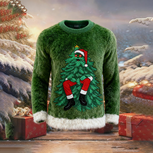 Comstylish Christmas Tree And Santa Claus Pattern Warm Crew Neck Sweater