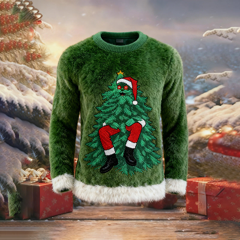 Comstylish Christmas Tree And Santa Claus Pattern Warm Crew Neck Sweater