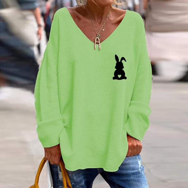Women's Easter Bunny Print Casual V-Neck Loose T-Shirt artswardrobe