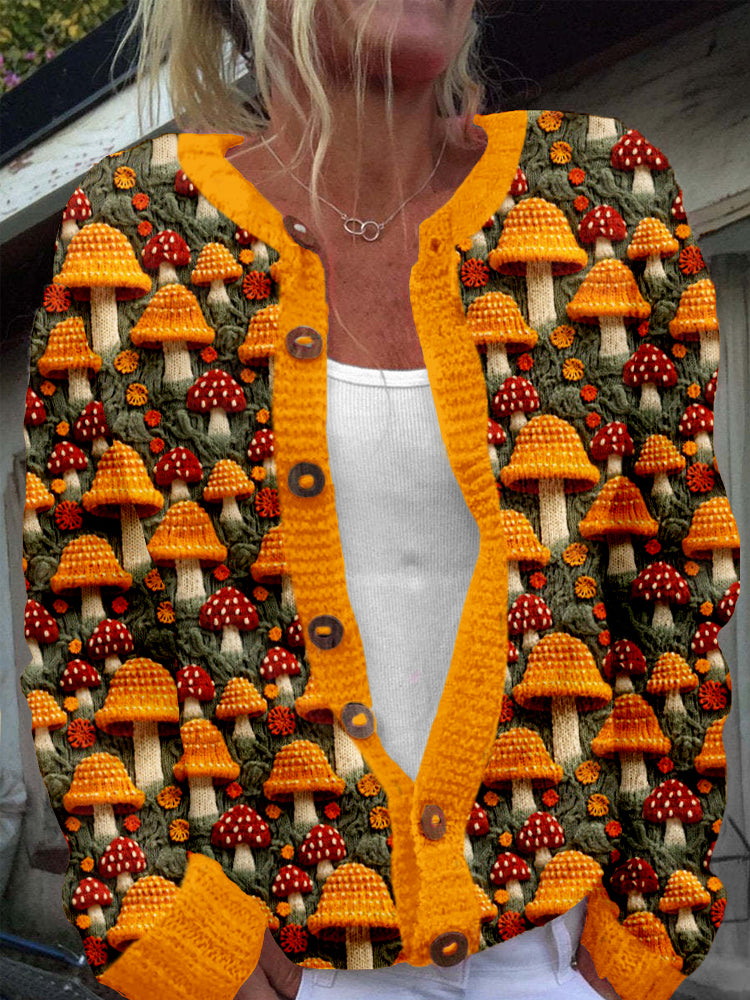 Floral Mushroom Embroidered Cozy Knit Cardigan artswardrobe